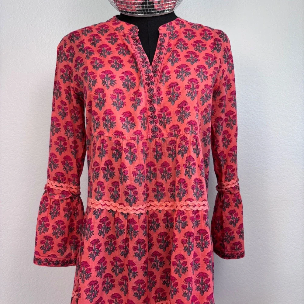 Lola Australia Morocco Mini Strawberry Dress, XXS, Pink Floral Bell Sleeve Boho